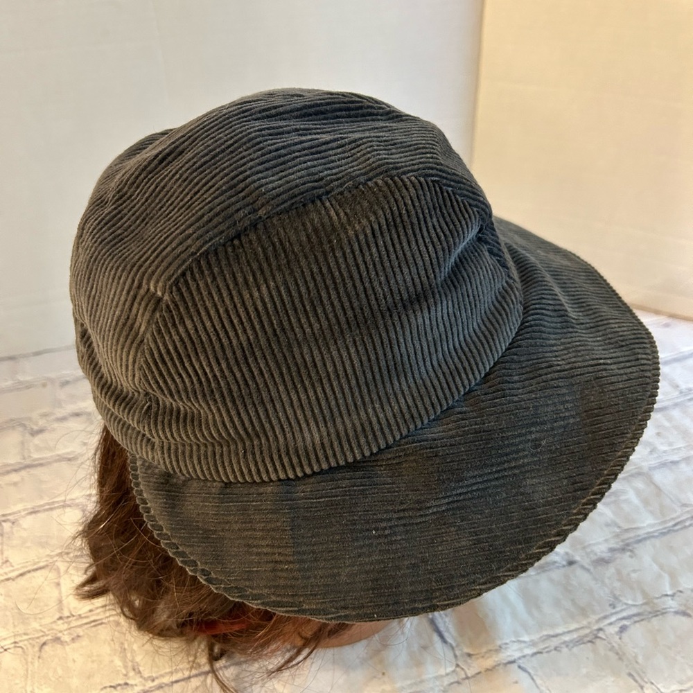 UNITED HATTERS CAP DARK GREY CORDUROY LINED QUARTER MOON SHAPE BUCKET STYLE